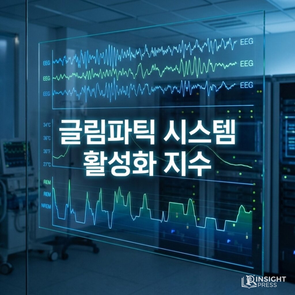 차가운 블루 톤의 데이터 분석 화면 위로 수면 중 뇌파 변화와 글림프 시스템 가동 효율을 나타내는 복잡한 수치와 그래프가 투명하게 떠 있는 테크니컬한 장면