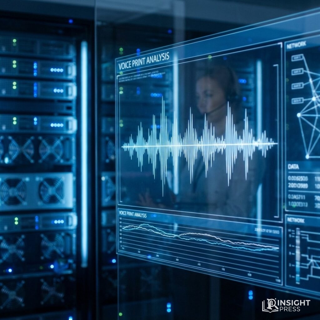 차가운 푸른 빛이 감도는 데이터 센터 내부, 유리 패널 위로 복잡한 음성 파형(Waveform) 데이터와 보안 분석 그래프가 투명하게 떠 있는 테크니컬한 장면