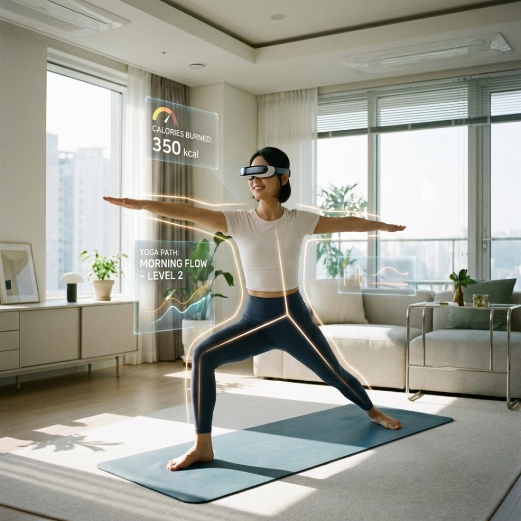 거실에서 VR 헤드셋을 착용하고 즐겁게 몰입형 홈트레이닝을 즐기는 30대 한국인 여성