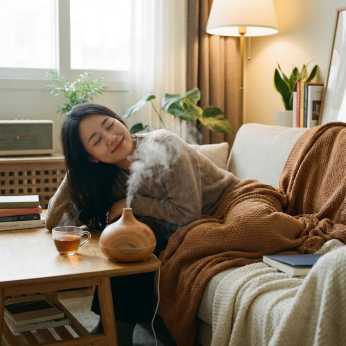 따뜻한 실내에서 미니 가습기 옆에 앉아 눈 건강을 챙기며 편안하게 휴식을 취하는 30대 한국인 여성