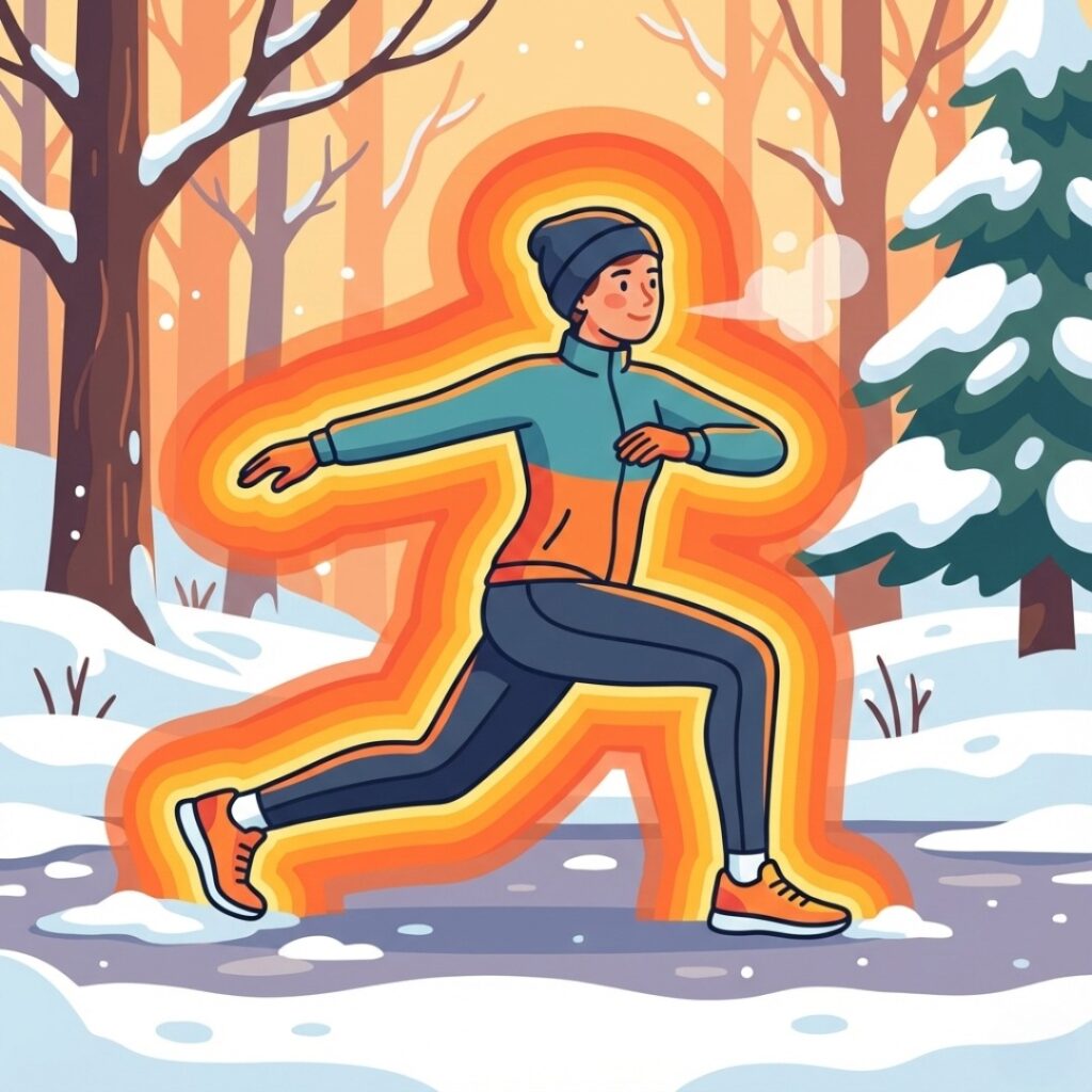 겨울철 운동 전 체온을 올리는 데 효과적인 동적 스트레칭 동작들을 보여주는 인포그래픽