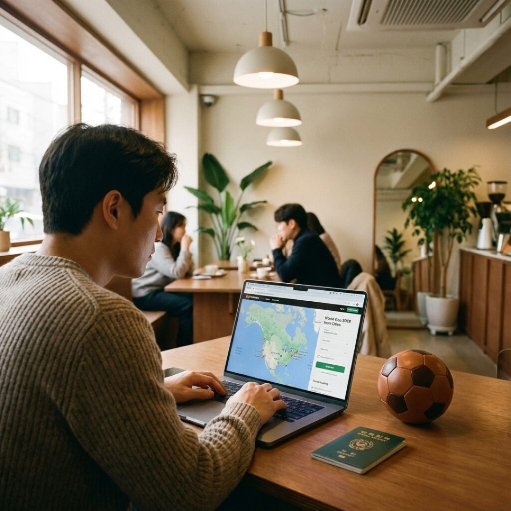 북미 지도가 펼쳐진 책상 위에 여권, 항공권, 축구 경기 티켓이 놓여 있는 세련된 여행 계획 사진