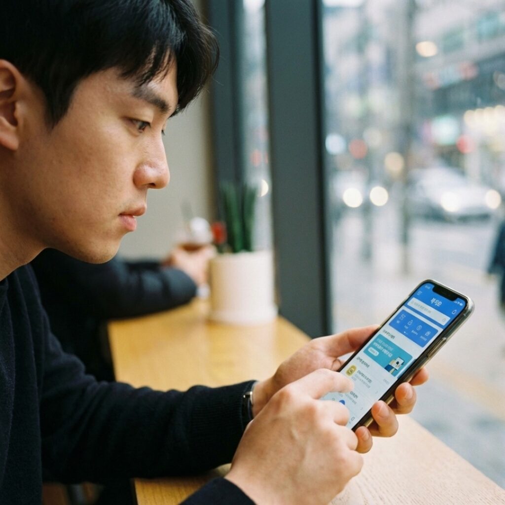 스마트폰으로 청년 월세 특별지원 상시 신청 페이지를 확인하는 모습