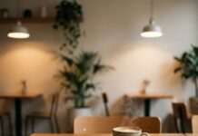 “내 독서 습관을 바꾸는” 전자책 구독 서비스 4종 완벽 비교 세련된 카페 테이블 위에 놓인 전자책 단말기와 스마트폰, 독서 앱 화면이 띄워진 모습