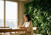 “봄을 미리 부르는 집 안의 숲” 2026년형 ‘바이오필릭(Biophilic) 하우스’와 스마트 식물 가전 자연광이 내리쬐는 현대적인 거실, 거대한 수직 정원과 나무 소재 가구들이 어우러져 숲속 같은 분위기를 자아내는 바이오필릭 인테리어 전경