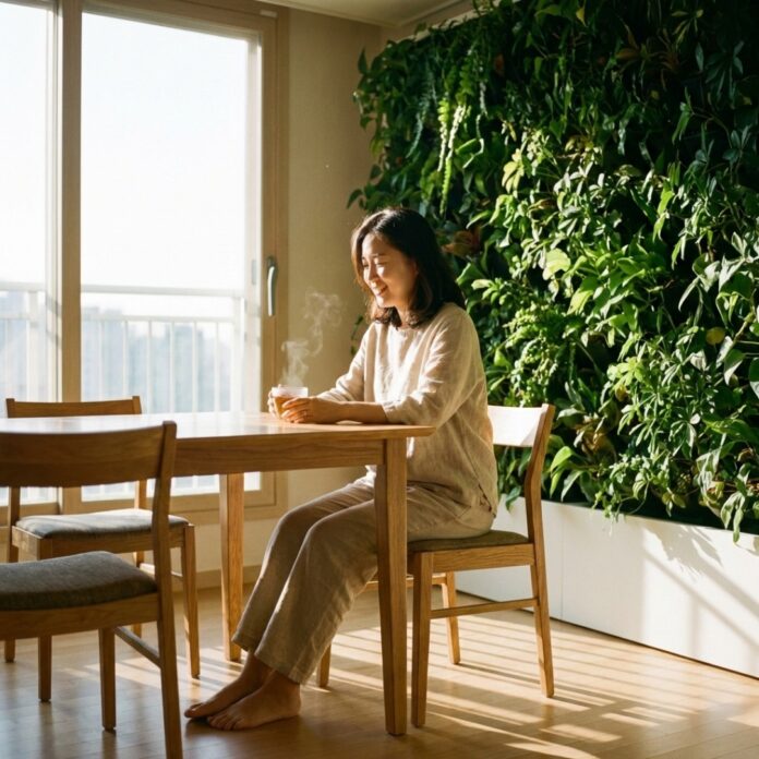 자연광이 내리쬐는 현대적인 거실, 거대한 수직 정원과 나무 소재 가구들이 어우러져 숲속 같은 분위기를 자아내는 바이오필릭 인테리어 전경