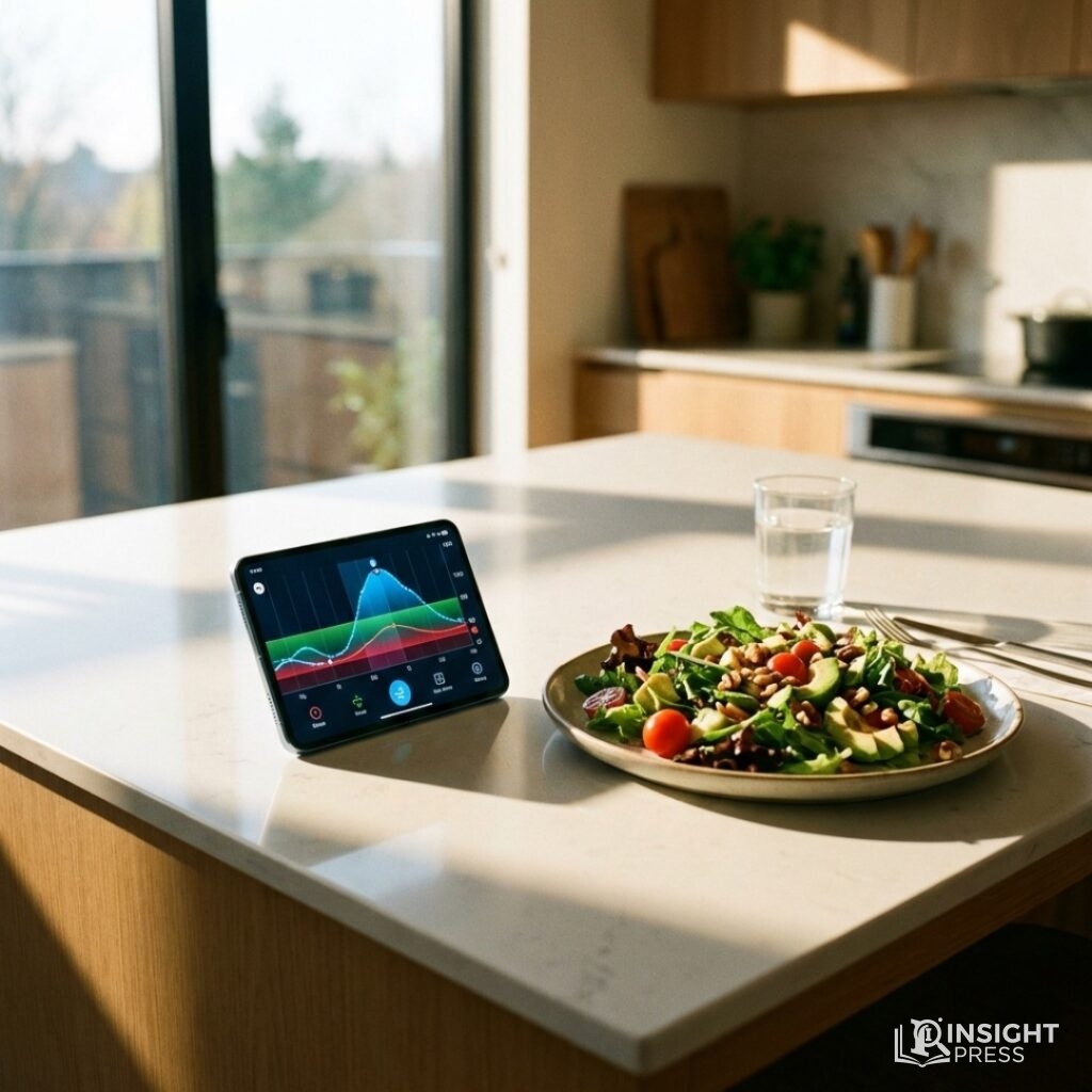 스마트폰 앱 화면에 실시간으로 기록되는 혈당 스파이크 그래프와 식단 이미지