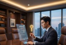 “내 코인과 SNS도 유산이 된다?” 2026년 신설 ‘디지털 유산 상속법’ 완벽 가이드 짙은 네이비와 골드 톤의 세련된 서재에서 30대 한국인 남성이 태블릿으로 디지털 유언장을 검토하고 있으며, 화면 위로 황금빛 열쇠와 데이터 입자들이 결합된 고급스러운 로고가 떠 있는 모습