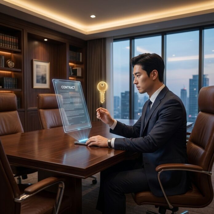 짙은 네이비와 골드 톤의 세련된 서재에서 30대 한국인 남성이 태블릿으로 디지털 유언장을 검토하고 있으며, 화면 위로 황금빛 열쇠와 데이터 입자들이 결합된 고급스러운 로고가 떠 있는 모습