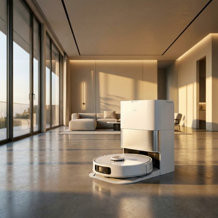 2026-flagship-robot-vacuum-comparison-main 세련된 거실에서 자율 주행하며 청소하는 최신형 플래그십 로봇청소기 4종의 합본 이미지