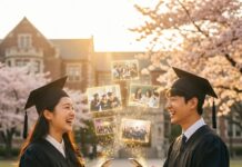 “꽃다발 대신 NFT 영상?” 2026년 졸업 시즌을 관통하는 ‘디지털 아카이빙’ 졸업 선물 트렌드 졸업 가운을 입은 20대 남녀가 웃으며 스마트폰을 보고 있고, 화면 위로 졸업장과 추억 영상들이 디지털 입자 형태로 화려하게 피어오르는 모습