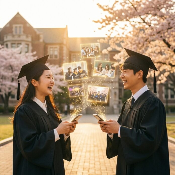 졸업 가운을 입은 20대 남녀가 웃으며 스마트폰을 보고 있고, 화면 위로 졸업장과 추억 영상들이 디지털 입자 형태로 화려하게 피어오르는 모습