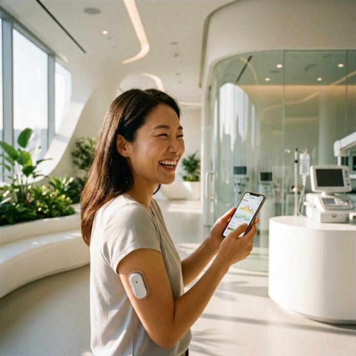2026-latest-cgm-comparison-main 스마트폰 앱의 실시간 혈당 그래프와 팔에 부착된 세련된 CGM 센서의 모습