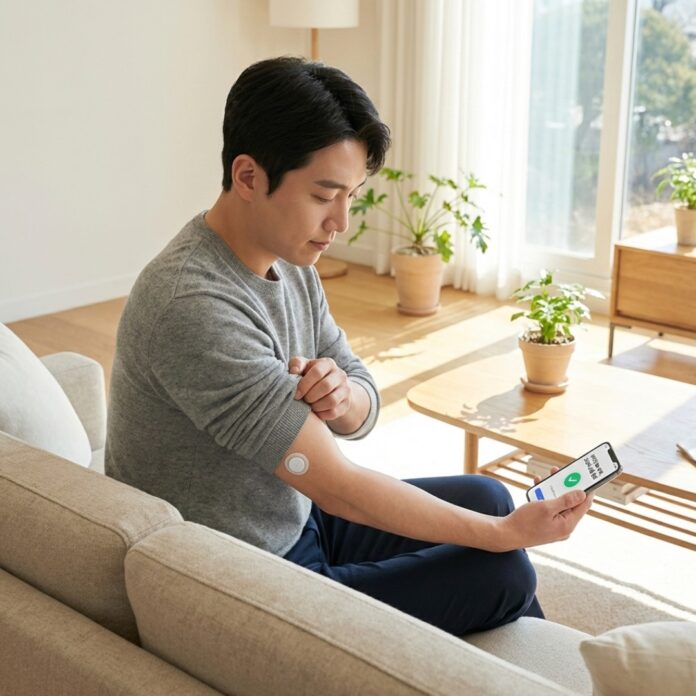 팔에 부착된 얇고 투명한 스마트 패치를 스마트폰 앱으로 스캔하여 실시간 영양 상태 리포트를 확인하며 미소 짓는 30대 한국인 남성
