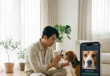 “비문(鼻紋)이 신분증이다?” 2026년 의무화되는 ‘반려동물 AI 생체인식 등록’ 총정리 밝고 깨끗한 화이트 톤의 거실에서 30대 한국인 남성이 스마트폰으로 강아지의 코를 가까이서 촬영하고 있으며, 화면에는 세련된 UI의 비문 분석 그래픽이 떠 있는 모습