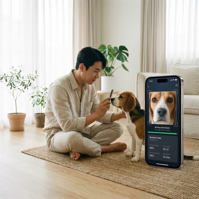 2026-pet-biometric-id-scan-organic-tech 밝고 깨끗한 화이트 톤의 거실에서 30대 한국인 남성이 스마트폰으로 강아지의 코를 가까이서 촬영하고 있으며, 화면에는 세련된 UI의 비문 분석 그래픽이 떠 있는 모습