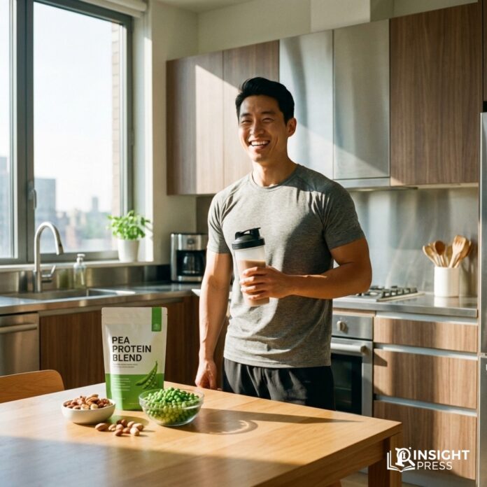 세련된 홈트레이닝 복장을 한 30대 한국인 남성이 주방에서 식물성 단백질 쉐이크를 흔들며 밝게 웃고 있는 모습, 배경에는 신선한 완두콩과 곡물이 놓여 있음