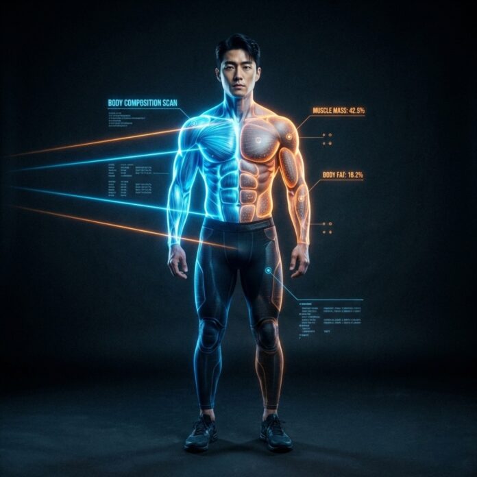 네온 블루와 오렌지 빛의 사이버네틱한 조명 아래서 30대 한국인 남성의 신체를 스캔하여 근육 밀도와 체지방 분포를 시각화한 미래적인 건강 분석 이미지
