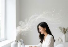 공간의 분리가 능률의 분리? ‘공간 향기 레이어링’으로 완성하는 스마트 홈 오피스 세련된 홈 오피스 책상 위에서 향기가 피어오르는 스마트 디퓨저와 일에 집중하는 한국인 여성