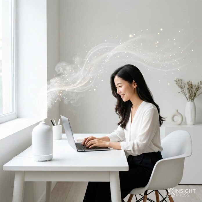 세련된 홈 오피스 책상 위에서 향기가 피어오르는 스마트 디퓨저와 일에 집중하는 한국인 여성