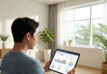 “전기료 반값의 비밀?” AI가 관리하는 똑똑한 에너지 가계부, 스마트 홈 실전 가이드 거실에서 태블릿으로 집안 전체의 에너지 사용량을 체크하며 만족스러운 표정을 짓고 있는 한국인 남성