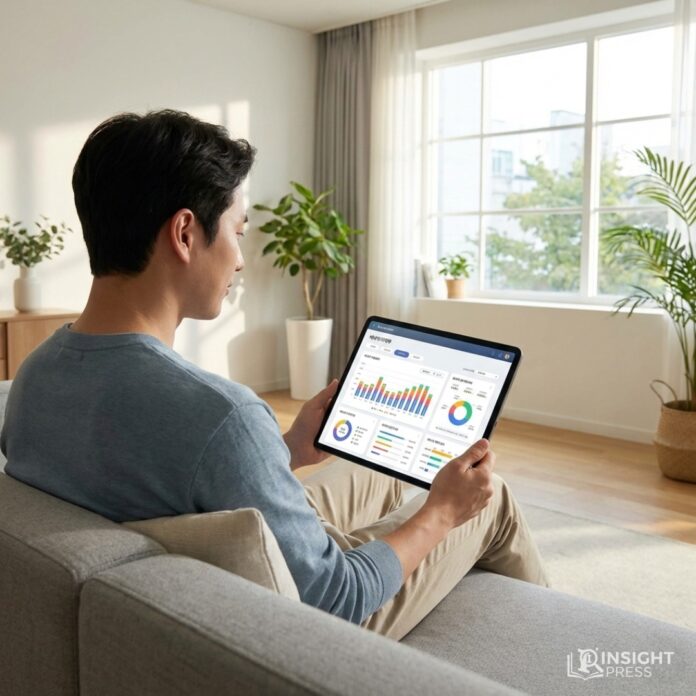 ai-smart-home-energy-dashboard-korean 거실에서 태블릿으로 집안 전체의 에너지 사용량을 체크하며 만족스러운 표정을 짓고 있는 한국인 남성