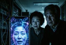 “3초면 내 목소리 복제?” 부모님 울리는 2026년형 AI 보이스피싱 방어법 스마트폰을 들고 걱정스러운 표정으로 통화하는 한국인 어르신과 이를 뒤에서 지켜보는 AI 그래픽