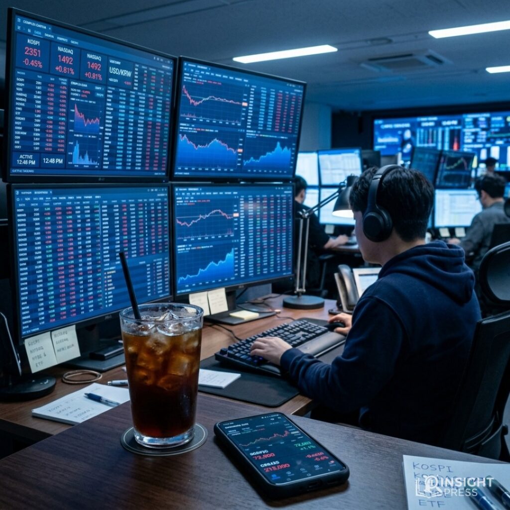 AI 반도체 칩 이미지와 우상향하는 복잡한 주식 분석 그래프가 겹쳐진 세련된 인포그래픽