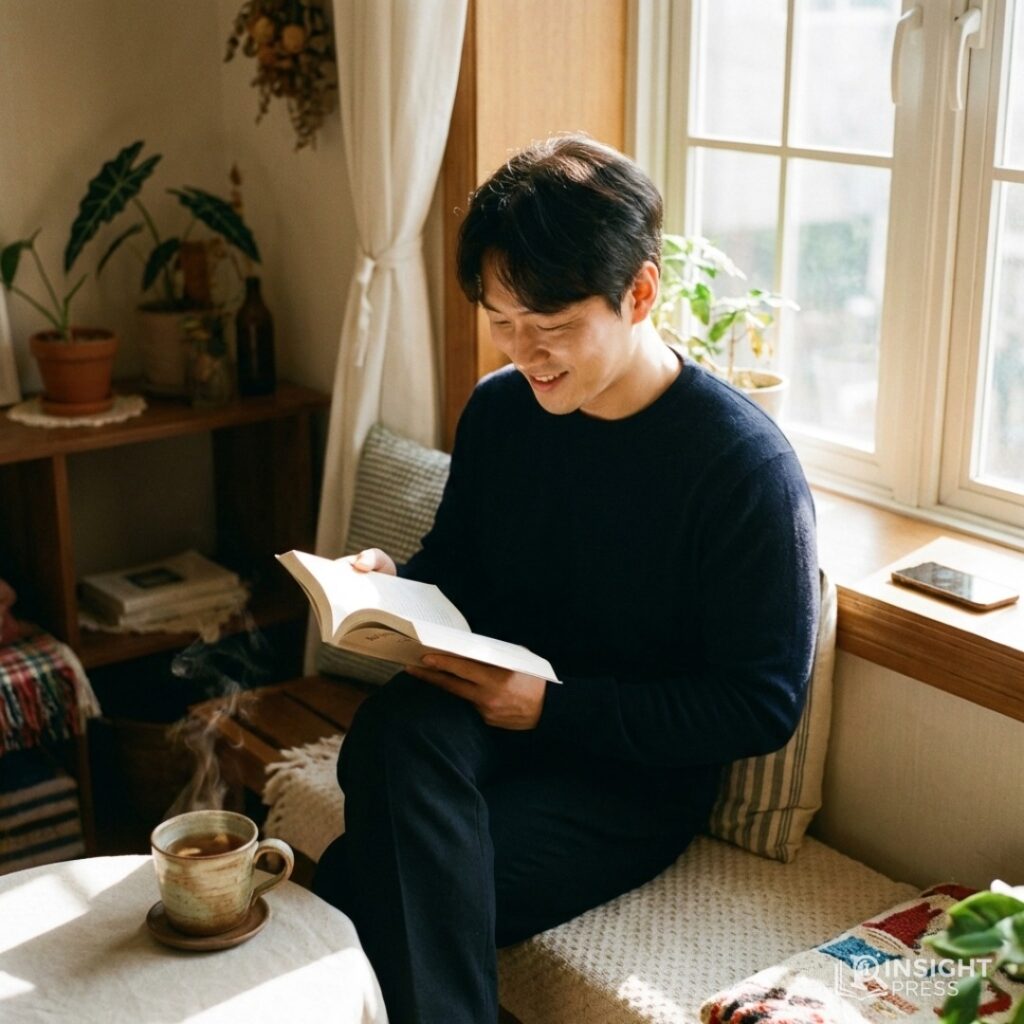 숲속에서 눈을 감고 명상하며 뇌 휴식을 취하고 있는 동양인 남성