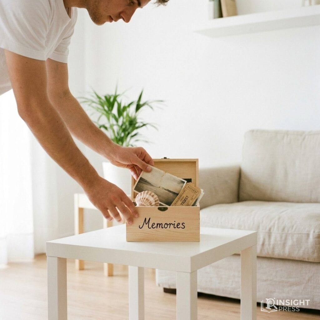 스마트폰 화면 속 디지털 유언장 앱과 추억 어린 사진들이 정갈하게 정리된 모습
