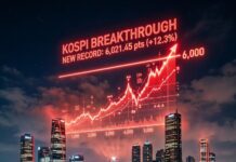 코스피 6,000시대, ‘유동성의 축제’인가 ‘대한민국 국격’의 재평가인가? 6,300이라는 숫자가 선명하게 박힌 한국 거래소의 거대한 LED 지수판과 역동적인 투자자들의 모습