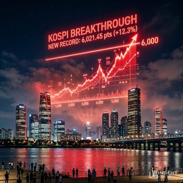 dynamic-korean-stock-market-index-6000 6,300이라는 숫자가 선명하게 박힌 한국 거래소의 거대한 LED 지수판과 역동적인 투자자들의 모습