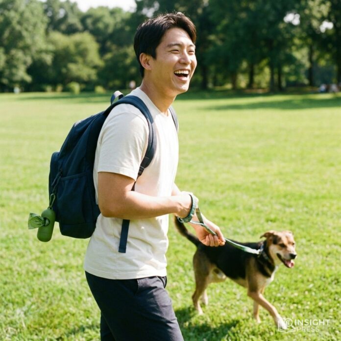 햇살 비치는 공원에서 생분해 배변봉투를 들고 반려견과 산책 중인 한국인 남성