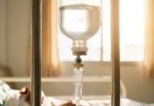 A형 가니 B형 온다? 온 가족 ‘독감 릴레이’ 생존법과 수액(페라미플루 vs 코미플루) 완벽 비교 병실에서 독감 수액(IV)을 맞고 있는 모습과 그 곁을 지키는 가족의 손