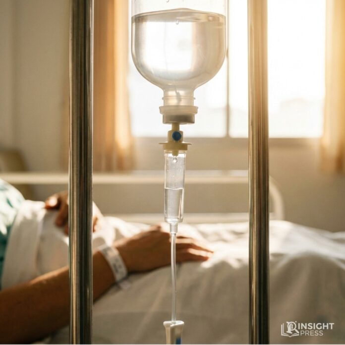 flu-iv-treatment-peramiflu-comparison 병실에서 독감 수액(IV)을 맞고 있는 모습과 그 곁을 지키는 가족의 손