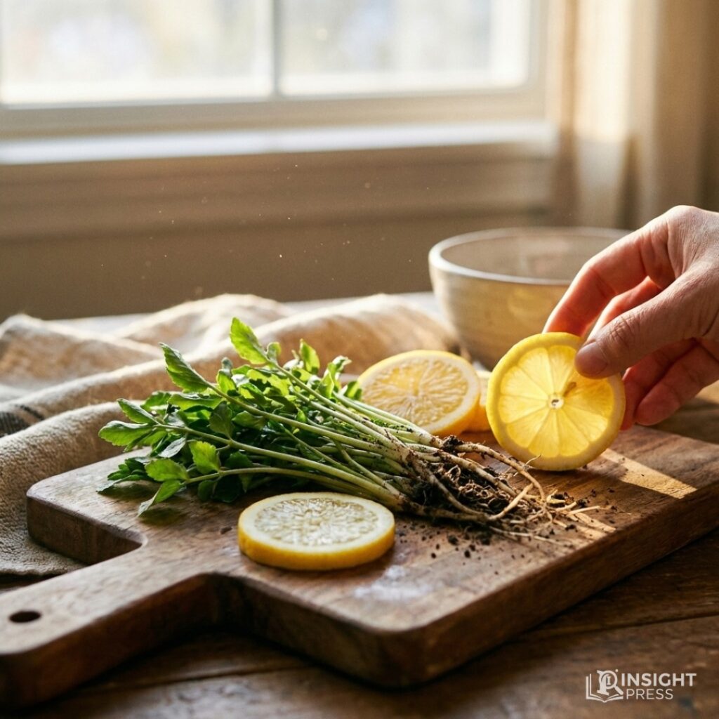 비타민이 풍부한 신선한 봄나물들이 놓여 있는 정갈한 식탁 풍경