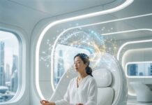 2026년, 이제는 ‘혈당’ 말고 ‘뇌’를 저축할 때: 브레인 웰스(Brain Wealth) 머리 위에 빛나는 신경망 그래픽이 떠 있는 평온한 표정의 한국인 여성