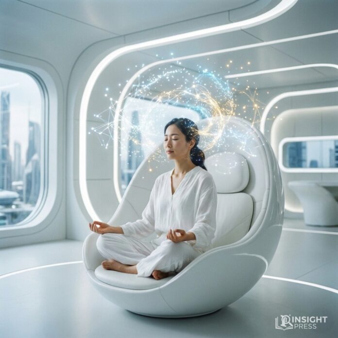 머리 위에 빛나는 신경망 그래픽이 떠 있는 평온한 표정의 한국인 여성