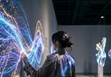 보는 전시에서 만지는 예술로, ‘인터랙티브 촉각 전시’ 열풍 화려한 디지털 아트가 투영된 벽면을 손으로 만지며 상호작용하는 관객의 모습