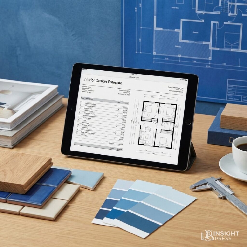 인테리어 시공 항목별 상세 견적 비교표와 감각적인 인테리어 자재 샘플들이 놓여 있는 모습