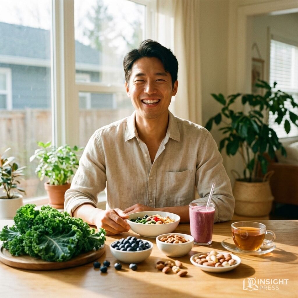 알약 대신 신선한 채소와 과일이 담긴 바구니를 들고 밝게 웃는 남성