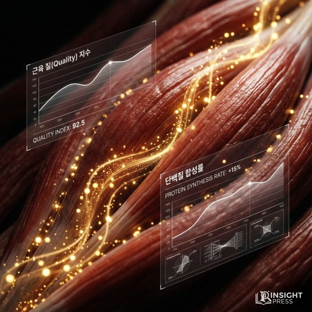 고해상도 현미경으로 본 근섬유 조직 위로 마이오카인 호르몬의 활성화 정도와 영양 흡수 데이터를 나타내는 정교한 디지털 수치가 오버레이된 테크니컬 이미지
