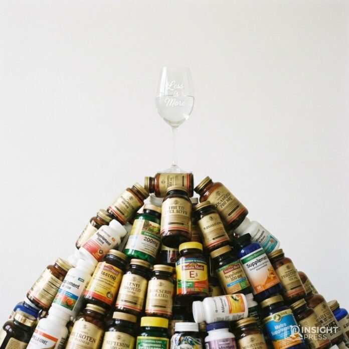 수많은 영양제 통 앞에서 단 한 알의 진실된 영양소만 선택하는 고민에 빠진 세련된 한국인 여성