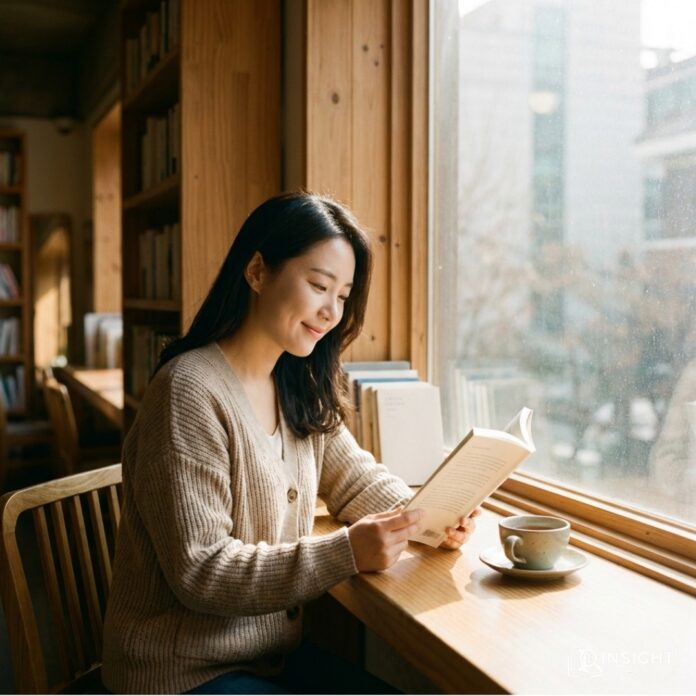 따뜻한 햇살이 비치는 고요한 북카페에서 스마트폰을 멀리 치워두고 독서에 몰입하고 있는 한국인 여성