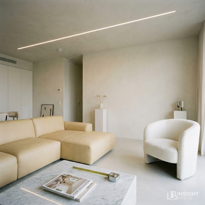 practical-interior-cost-analysis-korean-villa 따뜻한 베이지 톤의 마이크로시멘트 바닥과 세련된 라인 조명이 설치된 감각적인 거실 인테리어