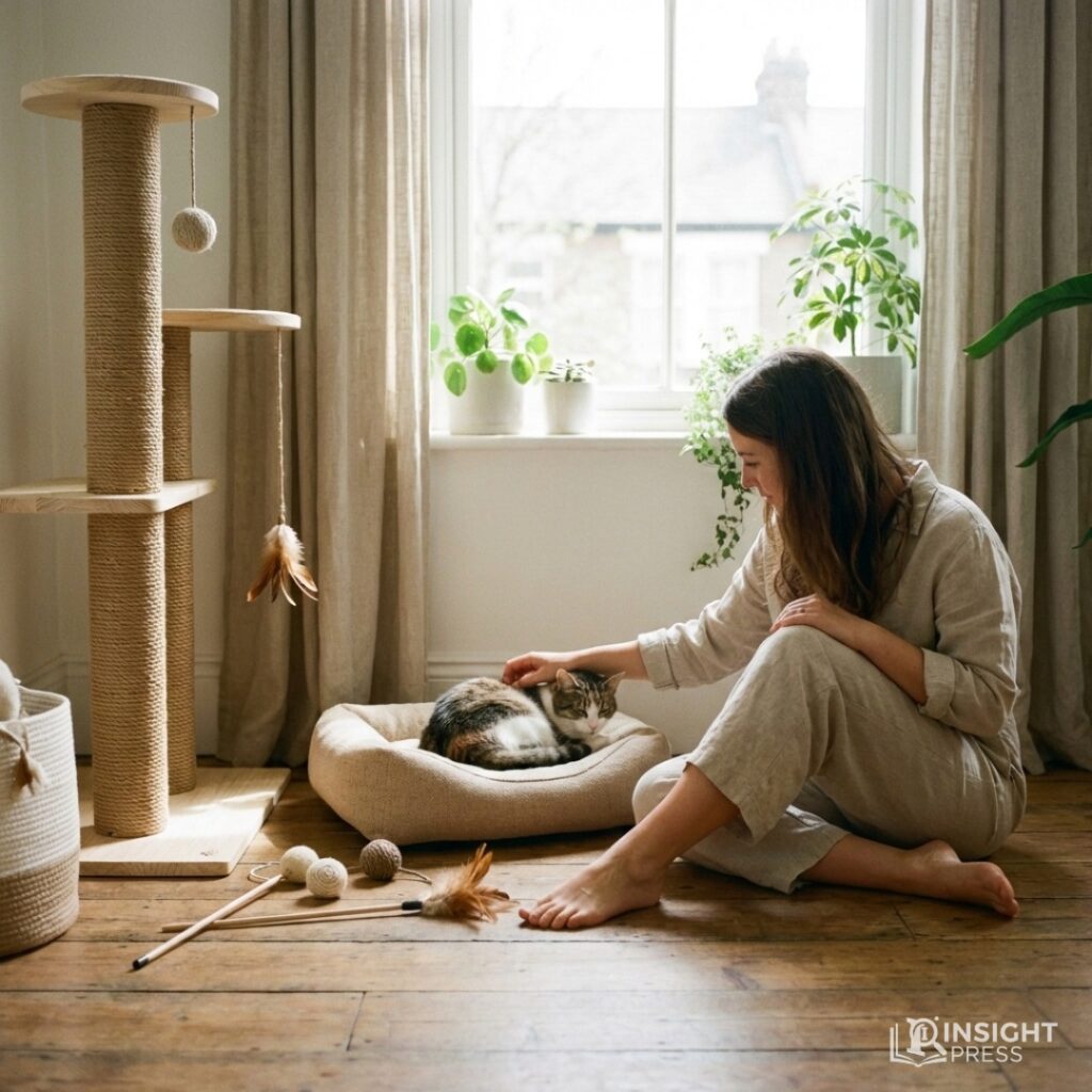 재활용 소재로 만든 친환경 쿠션 위에서 편안하게 잠든 고양이와 그 곁을 지키는 반려인