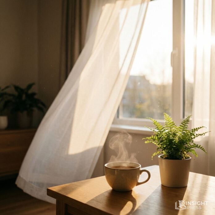 따스한 봄 햇살이 비치는 거실 창가에서 편안하게 휴식을 취하고 있는 모습