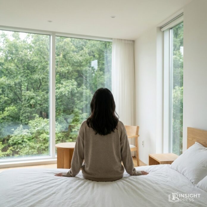 숲이 보이는 통창이 있는 현대적인 숙소 침대 위에서 편안하게 휴식을 취하고 있는 한국인 여성