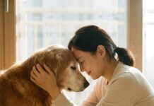 “단순한 노화가 아니라고?” 20대 장수견·장수묘를 위한 ‘인지 건강’ 관리법 백발이 성성한 노령견의 머리를 따뜻하게 쓰다듬으며 눈을 맞추고 있는 한국인 여성