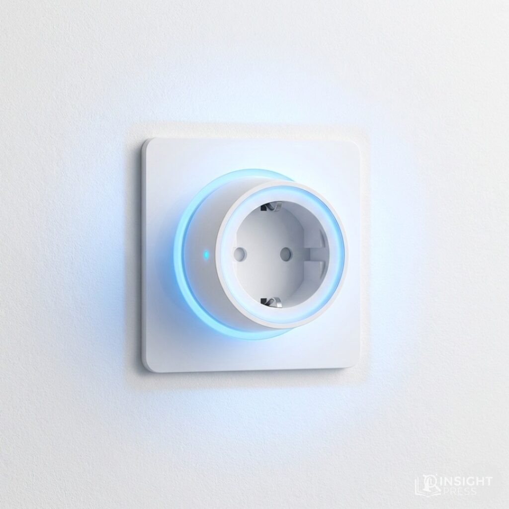 콘센트에 꽂힌 세련된 스마트 플러그 위로 전력 사용량이 홀로그램처럼 떠오르는 이미지